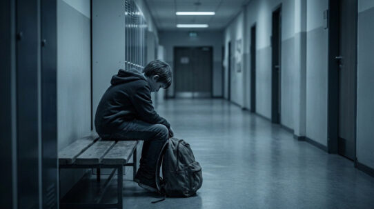 Un jeune élève assis seul sur un banc dans un couloir d'école sombre et désert, la tête baissée et l'air triste.