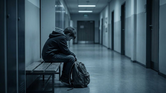 Un jeune élève assis seul sur un banc dans un couloir d'école sombre et désert, la tête baissée et l'air triste.