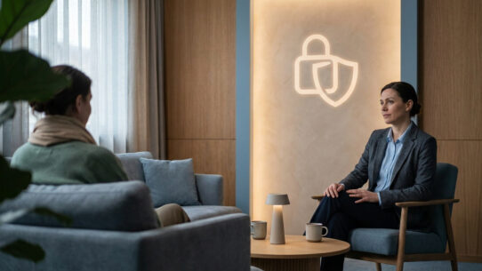 Une psychologue en séance de thérapie face à sa patiente devant un symbole lumineux de protection et confidentialité.