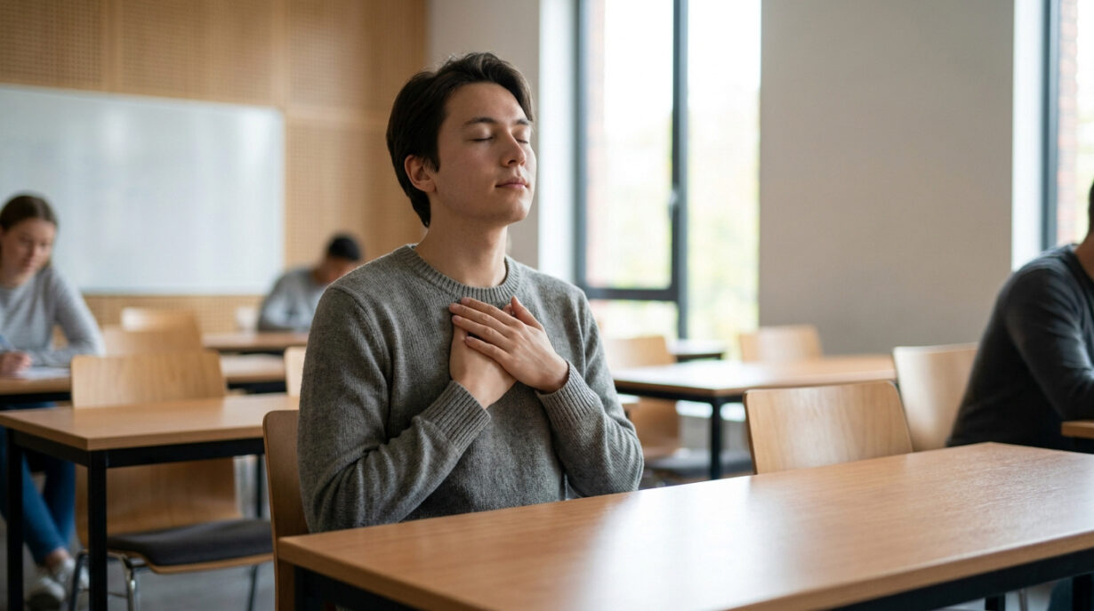 Un étudiant assis dans une salle de classe, les yeux fermés et les mains sur le cœur pour se calmer.