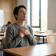Un étudiant assis dans une salle de classe, les yeux fermés et les mains sur le cœur pour se calmer.