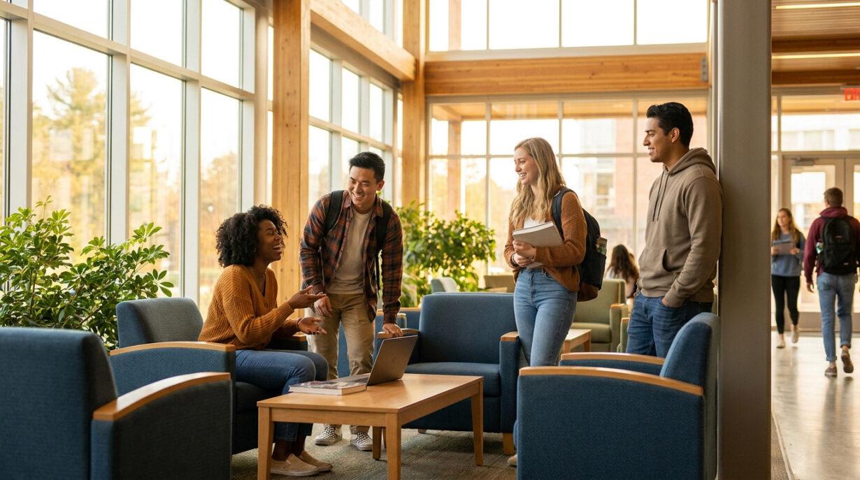Groupe de quatre étudiants souriants discutant dans un hall lumineux autour d'une table basse et d'un ordinateur.