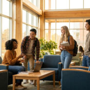 Groupe de quatre étudiants souriants discutant dans un hall lumineux autour d'une table basse et d'un ordinateur.