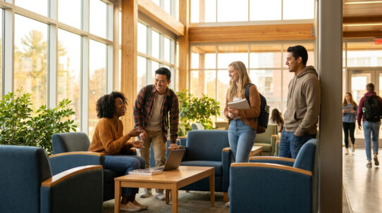 Groupe de quatre étudiants souriants discutant dans un hall lumineux autour d'une table basse et d'un ordinateur.