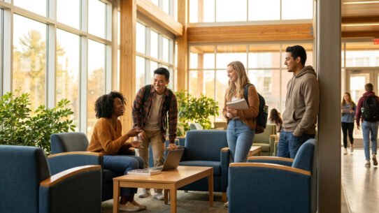 Groupe de quatre étudiants souriants discutant dans un hall lumineux autour d'une table basse et d'un ordinateur.