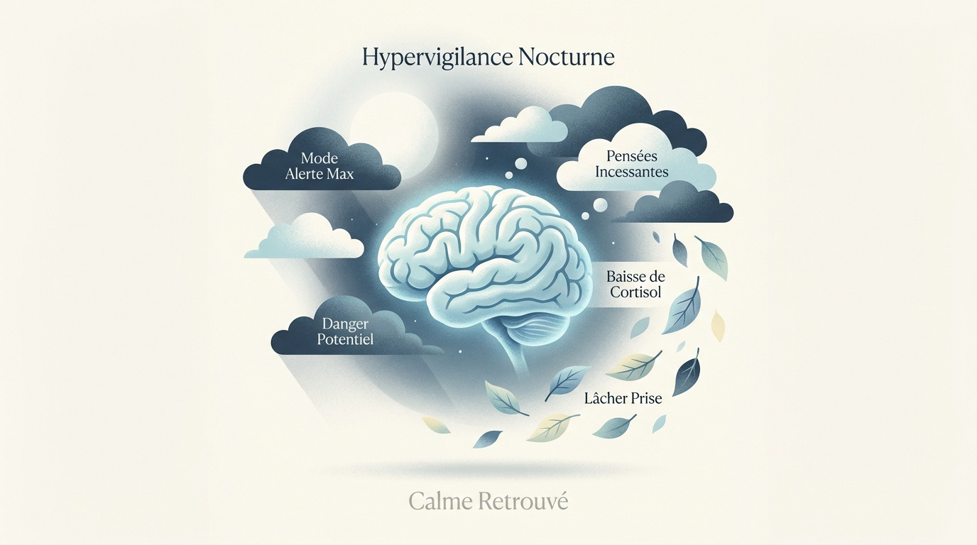 Illustration de l'hypervigilance nocturne et du calme mental retrouvé