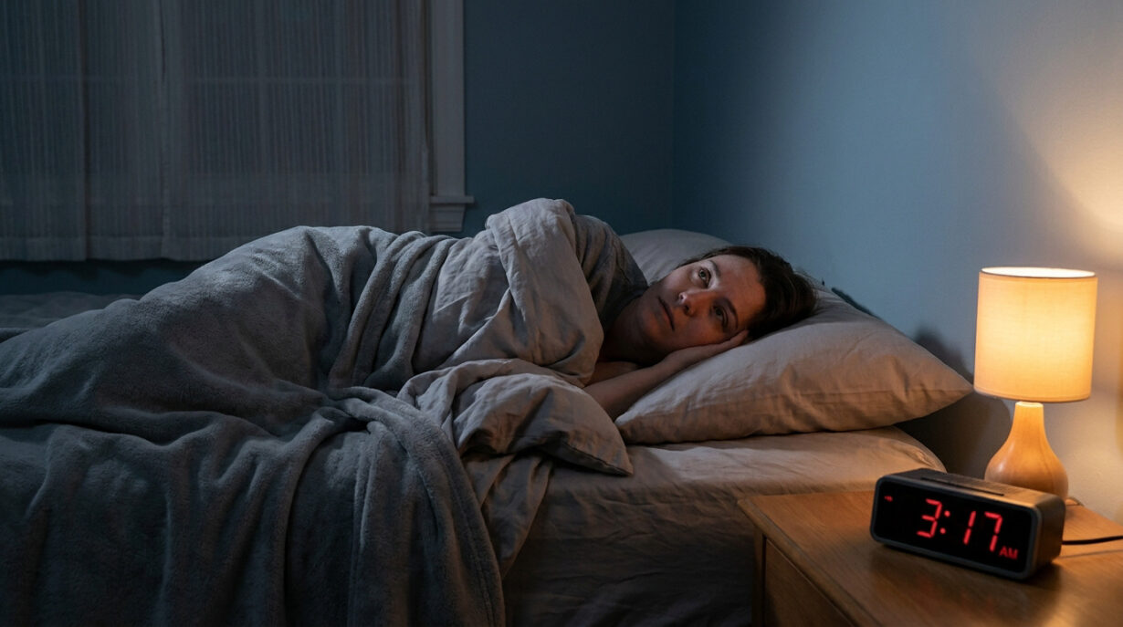 Une femme éveillée dans son lit à 3h17 du matin, semblant anxieuse et incapable de trouver le sommeil.