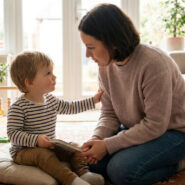 Une mère attentive discute doucement avec son jeune fils assis sur un coussin dans un salon lumineux.