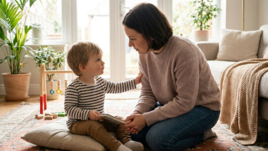 Une mère attentive discute doucement avec son jeune fils assis sur un coussin dans un salon lumineux.