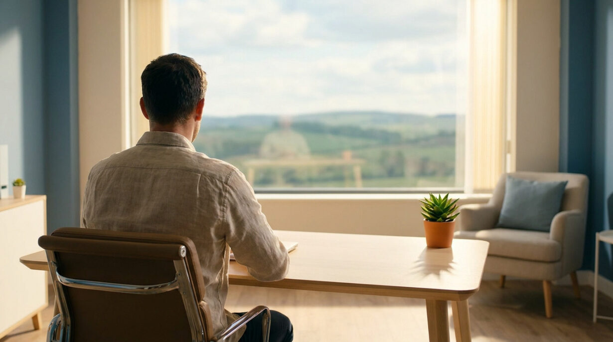 Un homme assis à son bureau regarde par la fenêtre un paysage paisible, évoquant une pause pour éviter le burn-out.