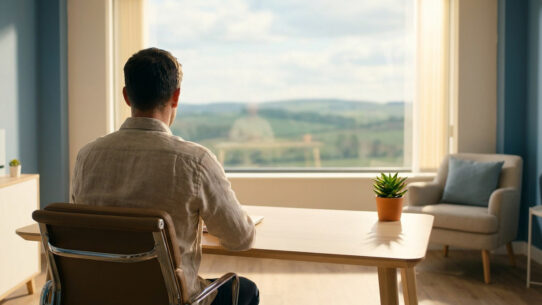 Un homme assis à son bureau regarde par la fenêtre un paysage paisible, évoquant une pause pour éviter le burn-out.
