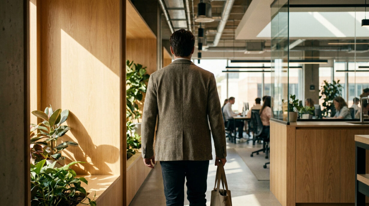 Un homme en blazer marche dans un bureau moderne vers ses collègues.