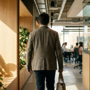Un homme en blazer marche dans un bureau moderne vers ses collègues.