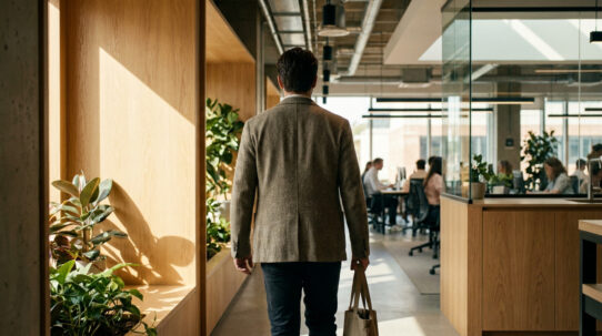 Un homme en blazer marche dans un bureau moderne vers ses collègues.