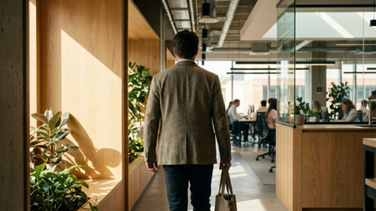 Un homme en blazer marche dans un bureau moderne vers ses collègues.
