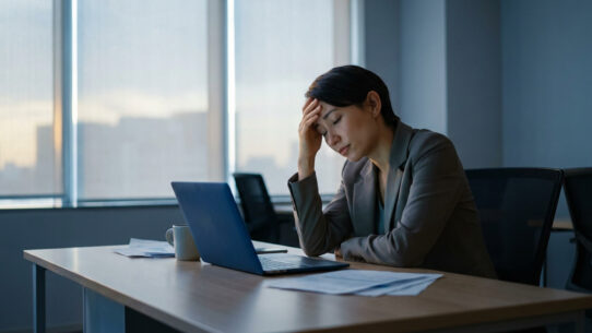 Une femme d'affaires épuisée, assise à son bureau, se tenant la tête avec la main devant un ordinateur portable.