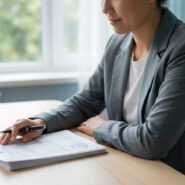 Une femme en tailleur gris signe un document officiel sur une table en bois près d'une fenêtre.