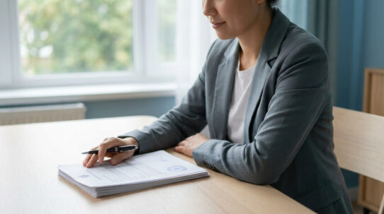 Une femme en tailleur gris signe un document officiel sur une table en bois près d'une fenêtre.