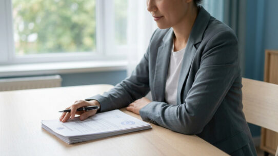 Une femme en tailleur gris signe un document officiel sur une table en bois près d'une fenêtre.