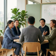 Une équipe de professionnels en réunion autour d'une table dans un bureau lumineux et végétalisé.
