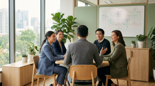 Une équipe de professionnels en réunion autour d'une table dans un bureau lumineux et végétalisé.