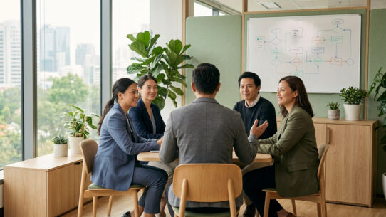 Une équipe de professionnels en réunion autour d'une table dans un bureau lumineux et végétalisé.