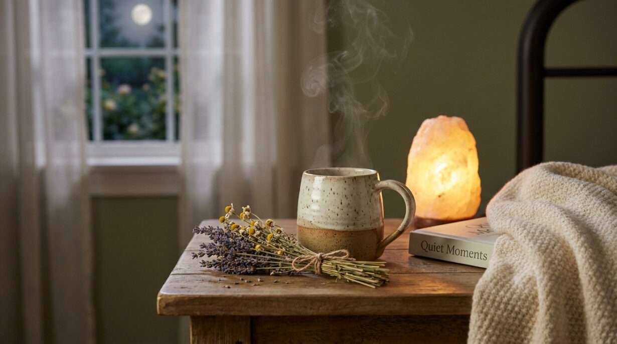 Une tasse de tisane fumante, un bouquet de fleurs séchées et une lampe de sel sur une table de chevet la nuit.