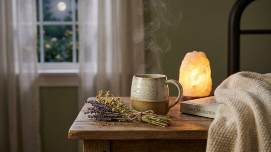 Une tasse de tisane fumante, un bouquet de fleurs séchées et une lampe de sel sur une table de chevet la nuit.