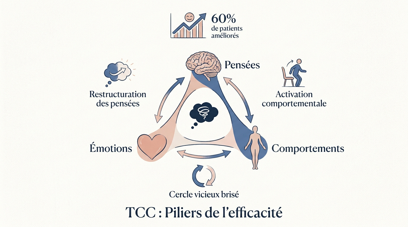 Schéma illustrant les piliers de l'efficacité de la TCC dans le traitement de la dépression