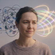Une femme avec des gribouillis sombres d'un côté et des ondes lumineuses colorées de l'autre de sa tête.
